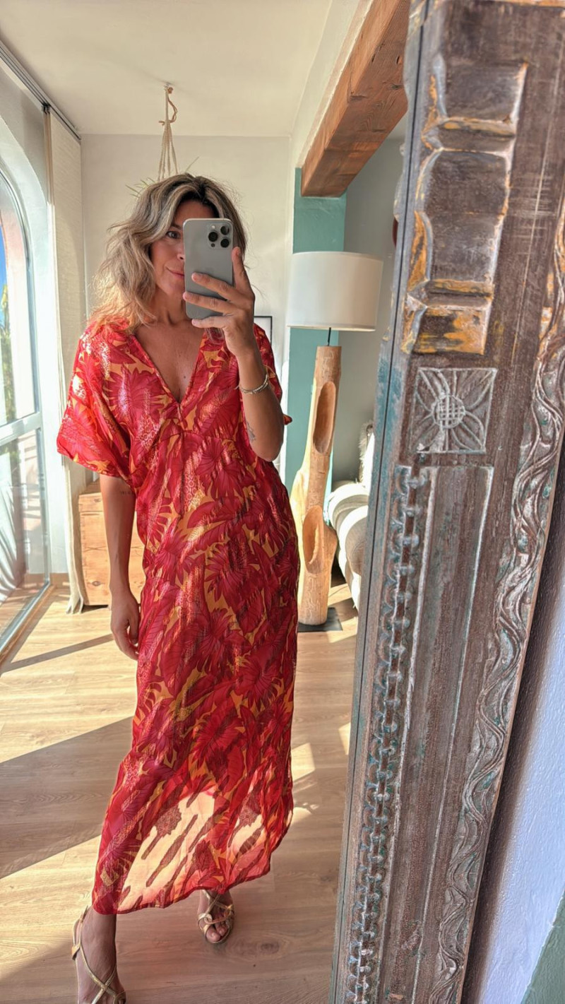 LIDIA mostaza/rojo, vestido largo