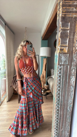 HERON, Cuadros naranja falda larga