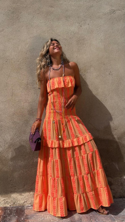 TELMO vestido largo, melocotón/naranja