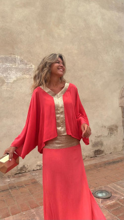 DAVID falda larga, coral/dorado