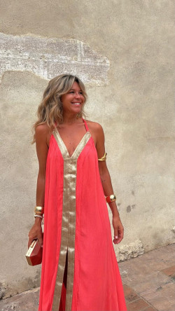LAUROS vestido largo, coral/dorado