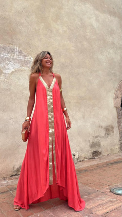 LAUROS vestido largo, coral/dorado