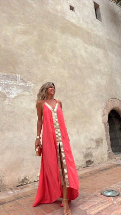LAUROS vestido largo, coral/dorado
