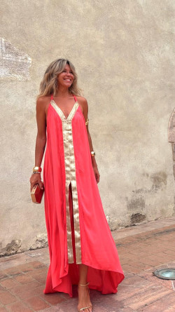 LAUROS vestido largo, coral/dorado