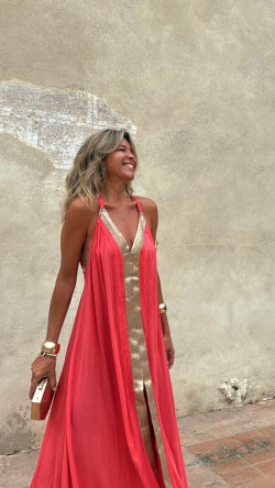 LAUROS vestido largo, coral/dorado