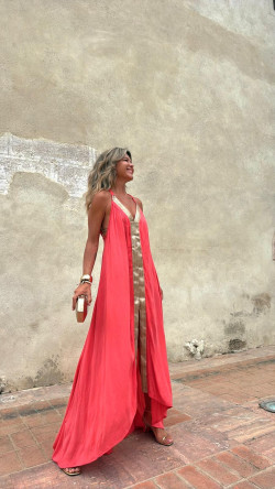LAUROS vestido largo, coral/dorado