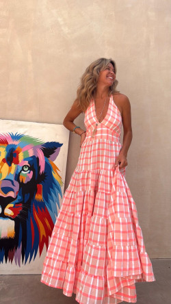 COMINO vestido largo, rosa/cuadros