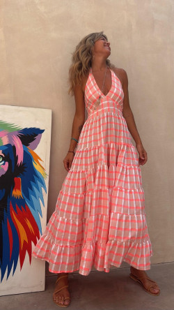 COMINO vestido largo, rosa/cuadros