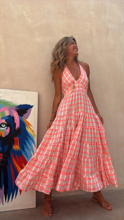 COMINO vestido largo, rosa/cuadros