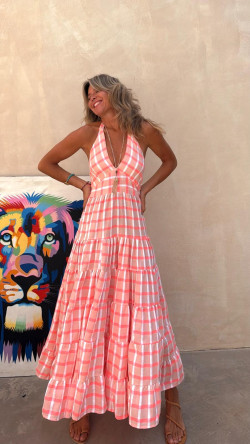COMINO vestido largo, rosa/cuadros