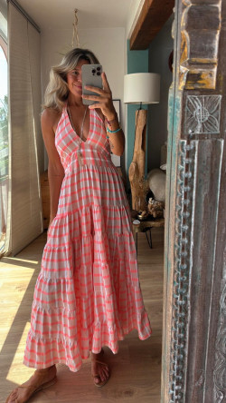 COMINO vestido largo, rosa/cuadros
