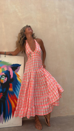 COMINO vestido largo, rosa/cuadros