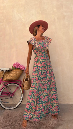 CALISTO vestido largo, rosa/esmeralda