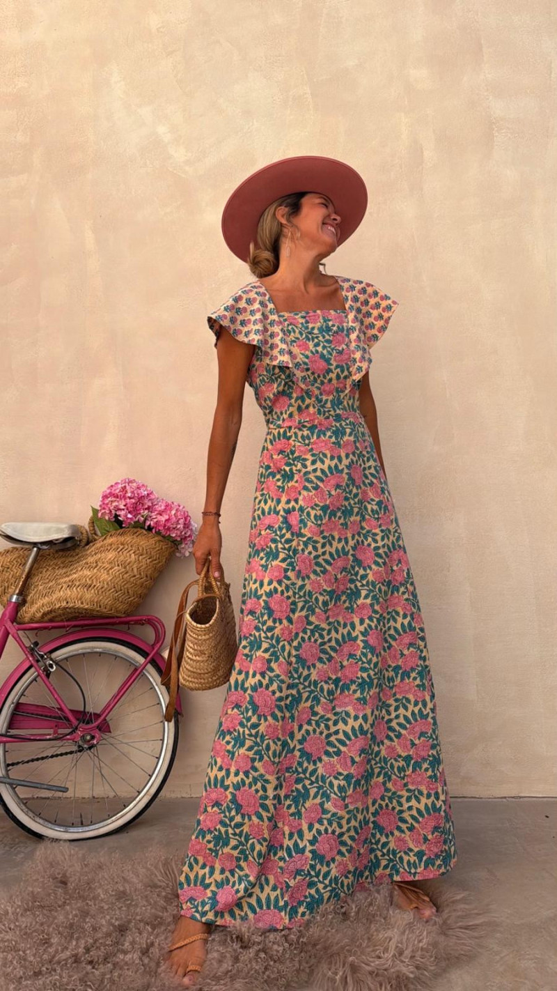 CALISTO vestido largo, rosa/esmeralda