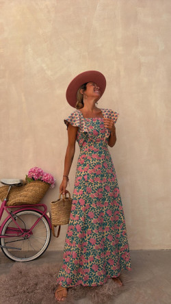 CALISTO vestido largo, rosa/esmeralda