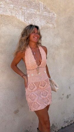 BELLI vestido corto crochet, rosa palo