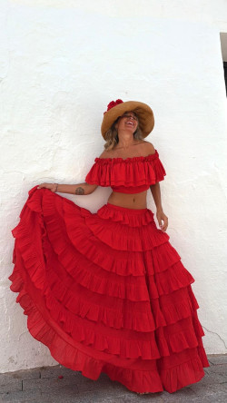 ROMBO falda larga volantes, roja