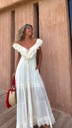 TORI , vestido largo hueso.