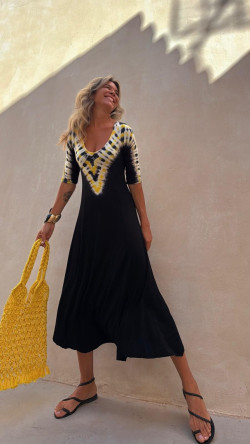 LOLO vestido midi, negro/amarillo tie