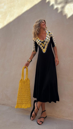 LOLO vestido midi, negro/amarillo tie