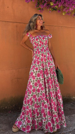 CANTON vestido largo, blanco/rosa