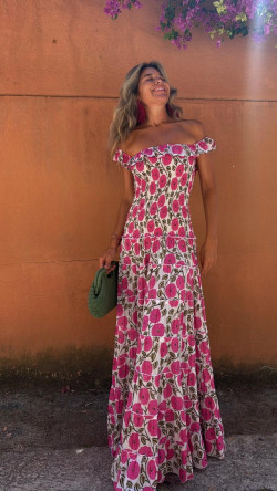 CANTON vestido largo, blanco/rosa