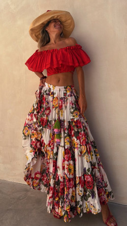 ROSALINDA Blanca,falda larga estampada