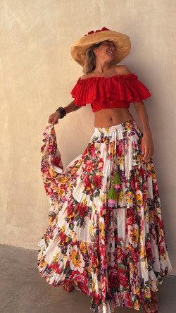 ROSALINDA Blanca,falda larga estampada