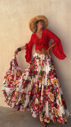 ROSALINDA Blanca,falda larga estampada