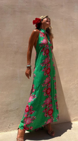 TINA vestido largo, verde/rosa