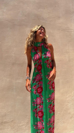 TINA vestido largo, verde/rosa