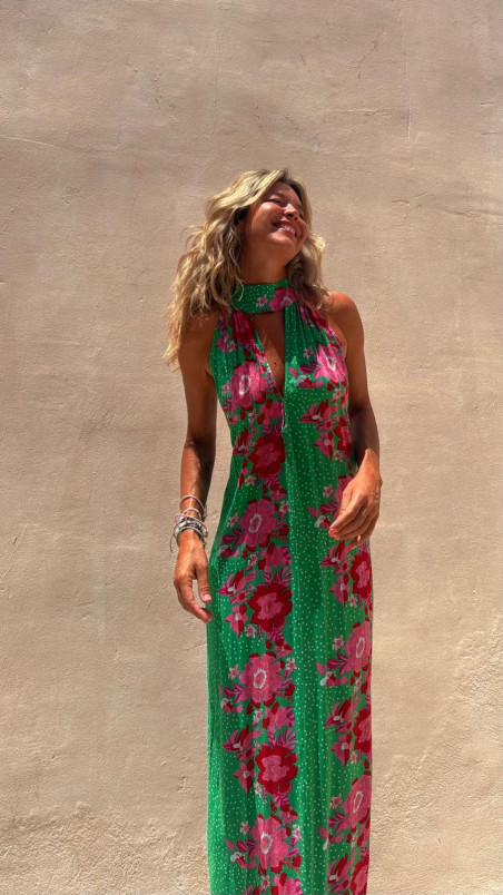 TINA vestido largo, verde/rosa