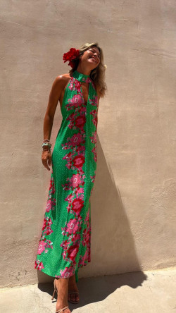 TINA vestido largo, verde/rosa
