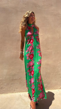 TINA vestido largo, verde/rosa