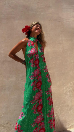 TINA vestido largo, verde/rosa