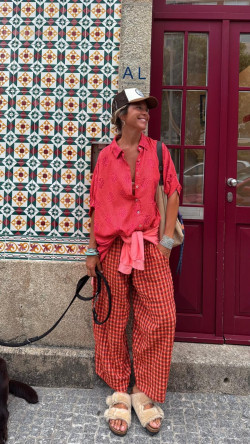 MALIKA pantalón cuadros, naranja