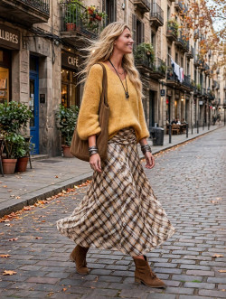 SUOS, falda cuadros camel