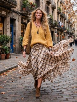 SUOS, falda cuadros camel